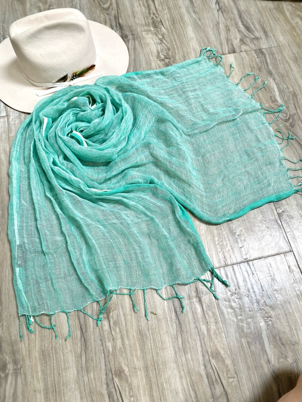 Dreamy Aqua LINEN scarf/wrap w resort vacay beach ocean vibe - Picture 2 of 15
